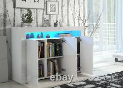 2 X WHITE Gloss Sideboard Cabinet Cupboard Display Storage Blue LED Light LILY