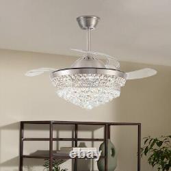 42'' Ceiling Fan Light Crystal Pendant Chandelier Invisible Blade 3 Color Change