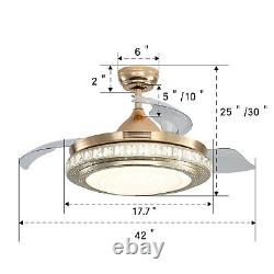 42 Invisible Ceiling Fan with LED Crystal Lights Remote Control Chandelier Lamp