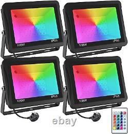 4 Packs 100W RGB LED Flood Lights Dimmable Color Changing Waterproof Garden Lamp