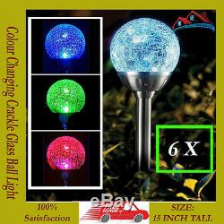 6XStainless Steel Solar Powered Colour Changing LED Glass Ball Garden Post Light