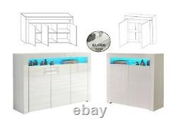 2 X Blanc Brillant Sideboard Cabinet Placard Stockage Bleu Led Lumière Lily