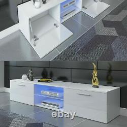 Grand 160cm White Tv Unit Cabinet Stand Matt Body & High Gloss Doors Led 2 Draws