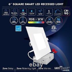 Luxrite 6 pouces carré Smart LED Lumière Encastrée RVBWW Changement de Couleur WiFi Pack de 4.