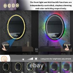 Miroir de salle de bains LED premium avec changement de couleur RVB, désembueur et capteur tactile.