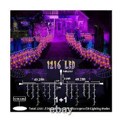 Rideaux Extérieurs Icicle String Lights 1216 Leds, 99ft + 8 Modes & Remote